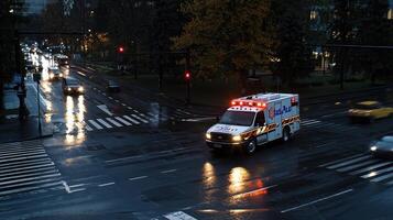 A white ambulance is driving down a wet street at night photo