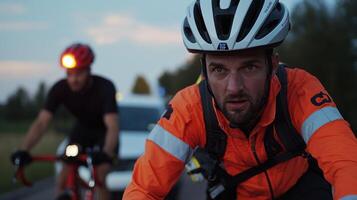 A man in an orange jacket is riding a bike next to a man in a black helmet photo