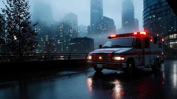 A red and white ambulance is parked on a wet road in a city photo