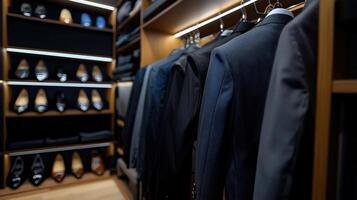 A closet with suitcases and shoes photo