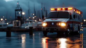 A white ambulance with red and blue lights is parked in front of a dock photo
