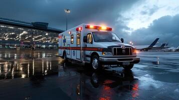 A white ambulance with red and orange stripes is parked on a wet road photo