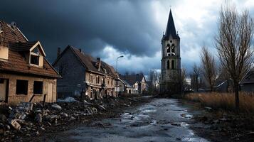 A desolate town with a large church tower in the background photo
