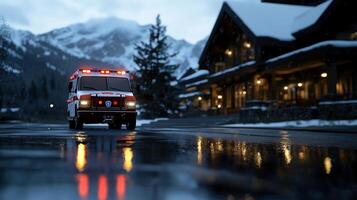 An ambulance is driving down a snowy road photo