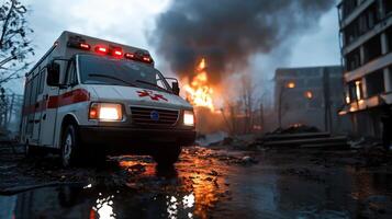 A red and white ambulance is parked in a flooded street photo