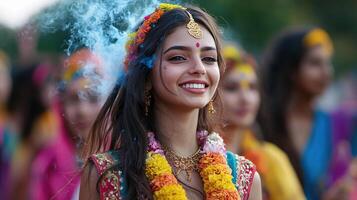 A woman wearing a colorful outfit and a gold headband is smiling photo