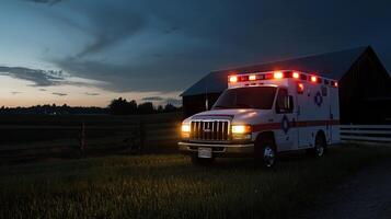 A white ambulance with red lights is parked in a field photo