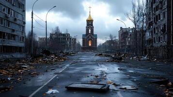 A city street with a church in the background photo
