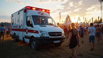 A white ambulance is parked in a field with a crowd of people around it photo
