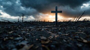 A cross is standing in a field of dead trees and dirt photo