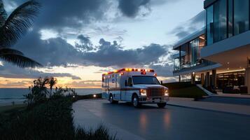 A white ambulance is driving down a road near a beach photo
