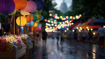 A busy street with many people walking and a lot of colorful lights photo