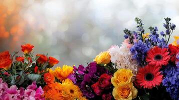 A bouquet of flowers with a variety of colors including red, yellow, blue photo