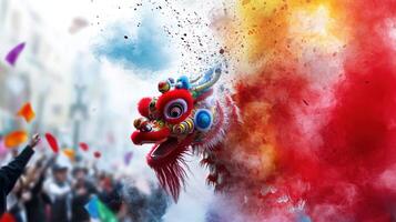 A dragon is flying through the air with a crowd of people watching photo