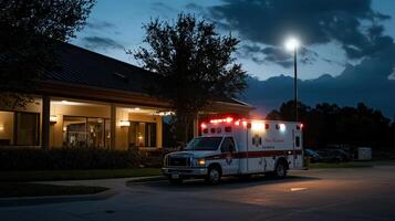 An ambulance is parked outside a building photo