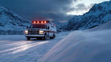 A white ambulance with red lights is driving down a snowy road photo