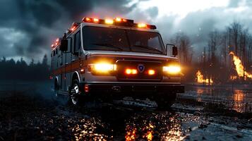 An ambulance is driving down a road at night photo