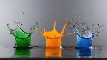 Three colorful water droplets are splashing in the air, creating a vibrant photo