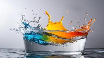 Colorful liquid splashes into a glass photo
