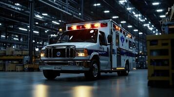Ambulance in an industrial warehouse photo