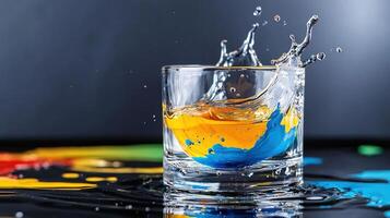A glass of colorful liquid with a splash of water on the table photo