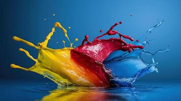 Colorful splash of paint on blue background photo
