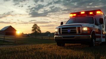 An ambulance is parked in a field at sunset photo