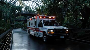 A white and red ambulance is driving down a wet road photo