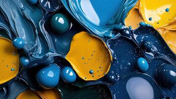 A painting of a blue and yellow swirl with many small blue and yellow circles photo