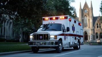 A white ambulance with red and yellow lights is parked on a street photo
