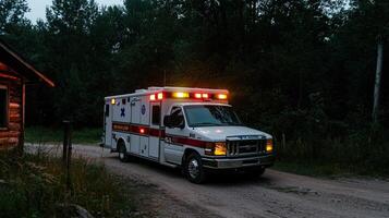 A white ambulance with red lights on is parked on a dirt road photo