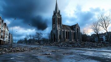 A church is in ruins with a storm in the background photo