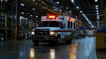 An ambulance is driving down a factory floor photo