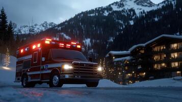 An ambulance is driving down a snowy road photo