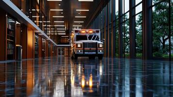 A white ambulance is parked in a hallway photo