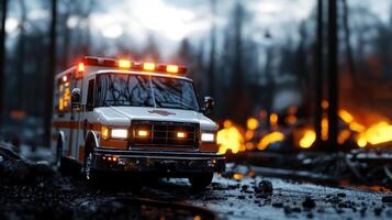 An ambulance is driving through a forest fire photo