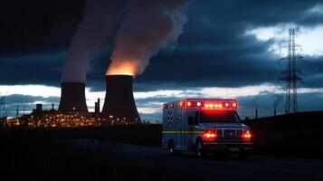 An ambulance is driving down a road near a power plant photo