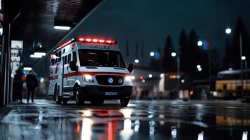 Ambulance at night in rainy weather photo