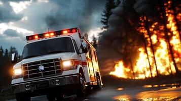 A fire truck driving down a road with flames in the background photo