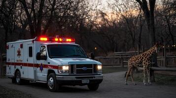 A white ambulance with red lights on is parked in front of a giraffe photo