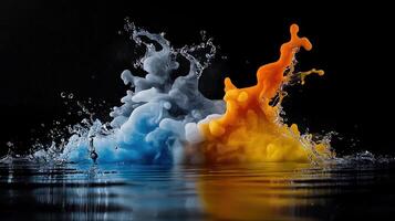 Colorful splash of water and ink on black background photo