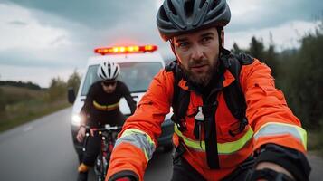 Two men in orange jackets are riding bicycles photo