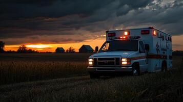 A white ambulance parked in a field at sunset photo