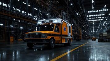 An ambulance truck is parked in a warehouse photo