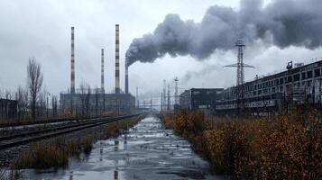 A factory with smoke coming out of it and a train track in the background photo