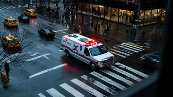 An ambulance driving down a city street in the rain photo