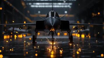 A fighter jet sitting on the tarmac with sparks photo