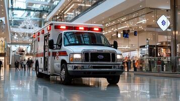 A white Ford ambulance is parked in a mall photo