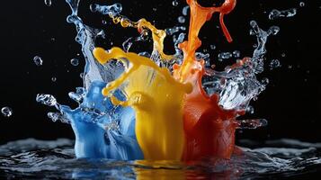 A splash of water with three different colors of paint photo