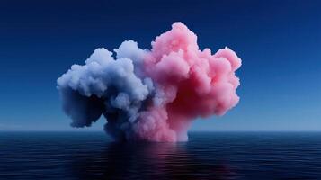 A large cloud of pink and blue smoke is floating over the ocean photo